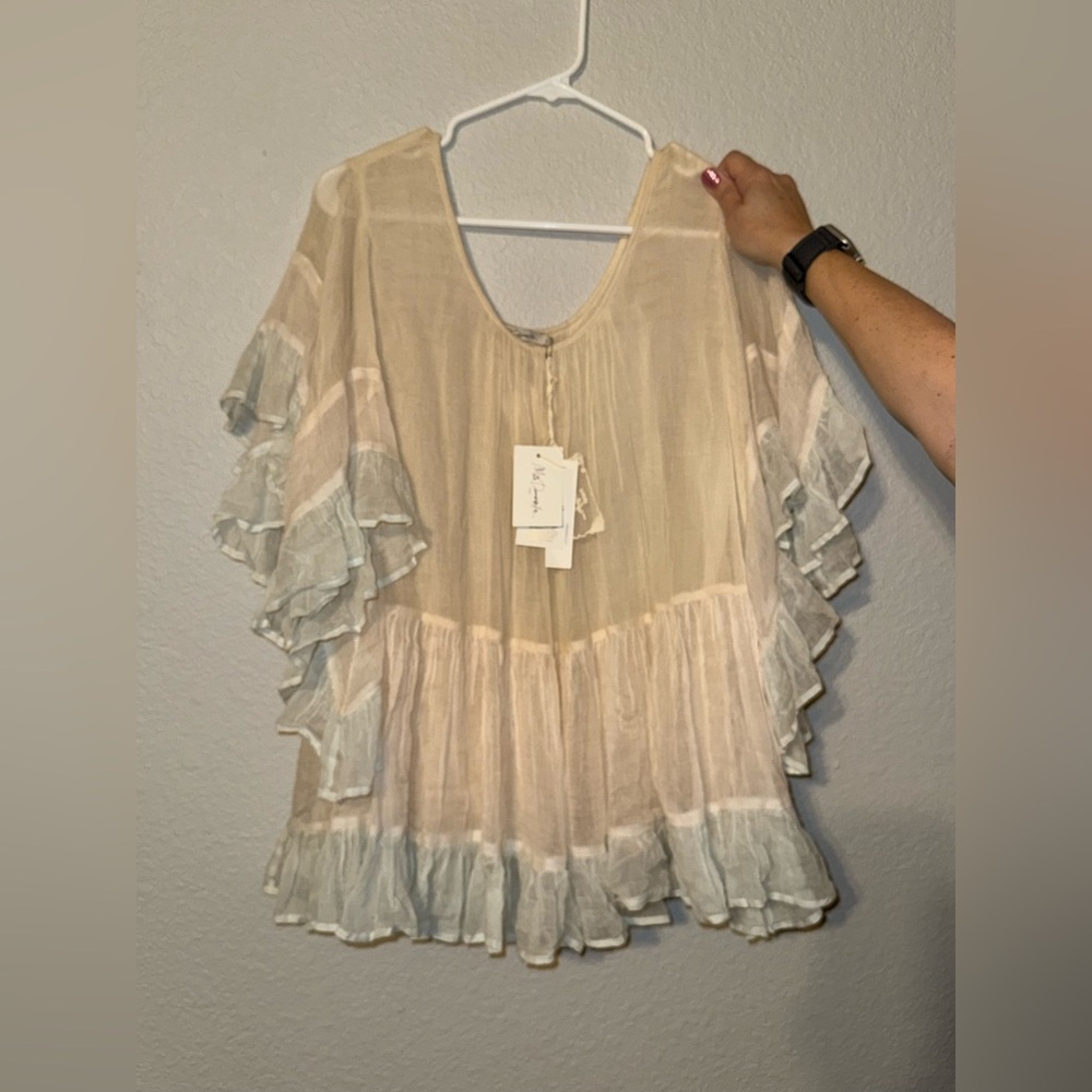 Mes Demoiselles Sheer Ruffled Peasant Top in Cream and Light Blue